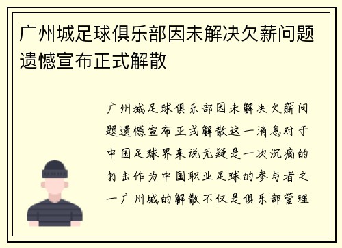 广州城足球俱乐部因未解决欠薪问题遗憾宣布正式解散 广州城足球俱乐部因未解决欠薪问题遗憾宣布正式解散